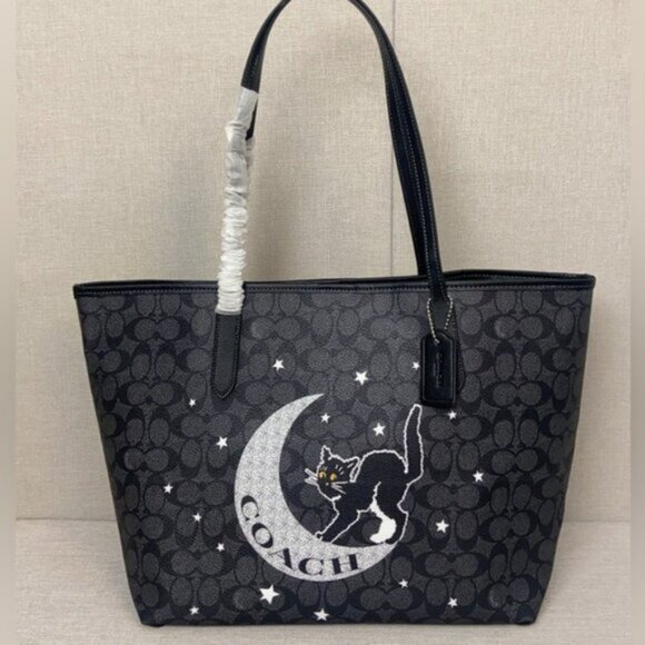 NWT RARE Coach City Tote Signature Canvas With Halloween Cat Graphic Black - Picture 1 of 7